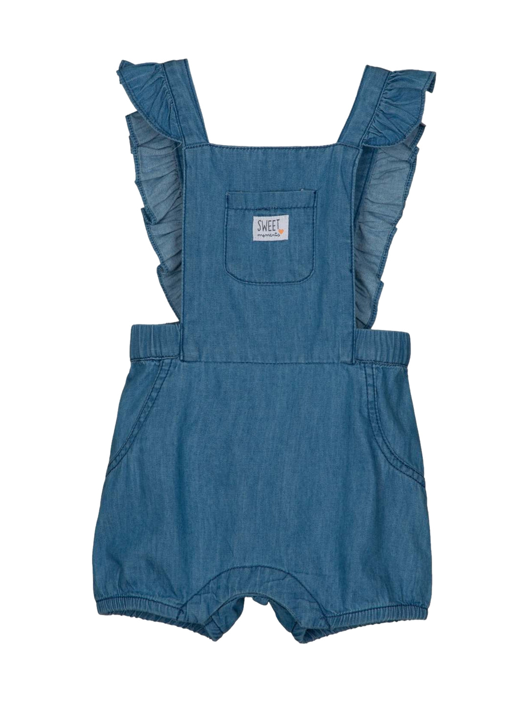 Overol para bebé de color azul denim con tirantes con volantes y un bolsillo frontal.