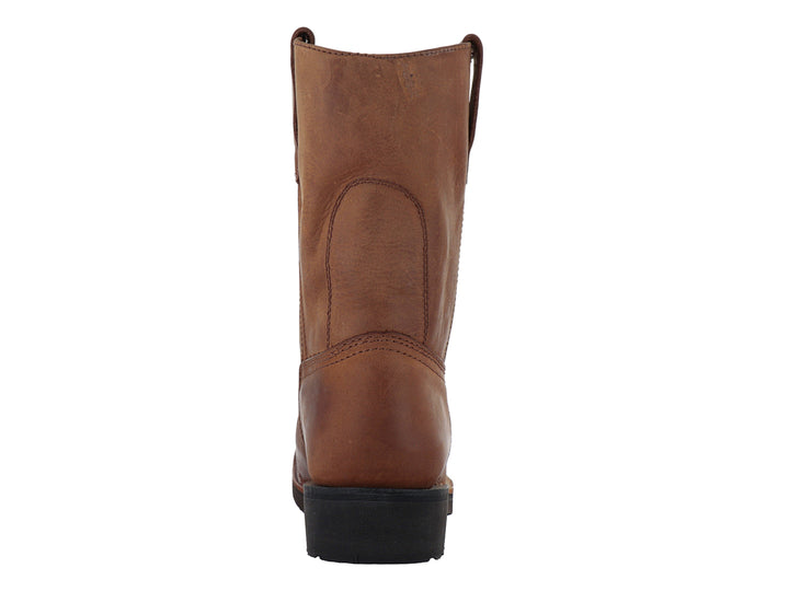 Bota estilo vaquero de cuero color miel con suela negra y caña alta.