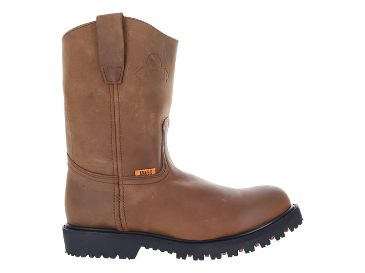 Bota de cuero color marrón con suela negra gruesa y dentada.