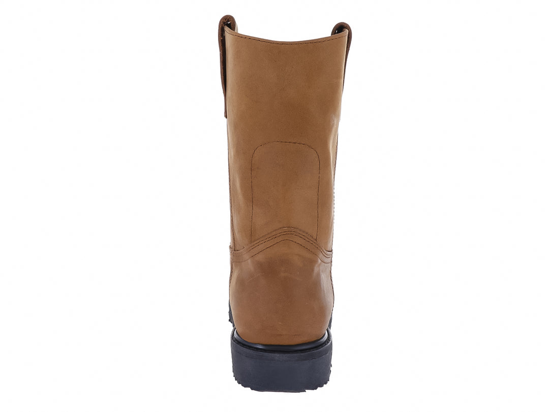 Bota de cuero color marrón con suela negra gruesa y dentada.