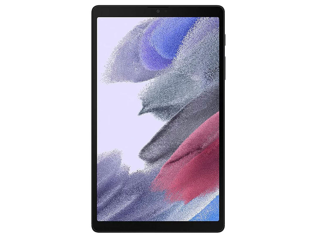 Tablet Samsung Galaxy Tab A7 Lite en color plata con pantalla encendida mostrando fondo abstracto.