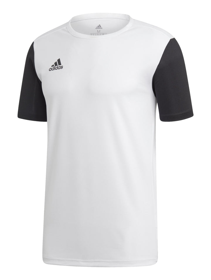Playera deportiva Adidas blanca con mangas negras y logotipo en el pecho.