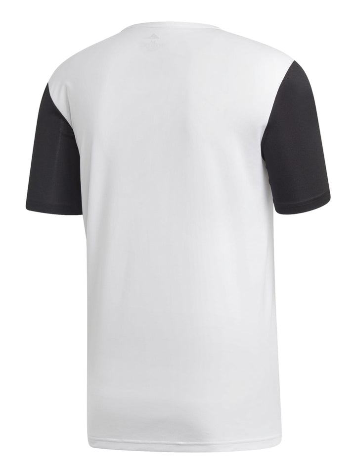 Playera deportiva Adidas blanca con mangas negras y logotipo en el pecho.