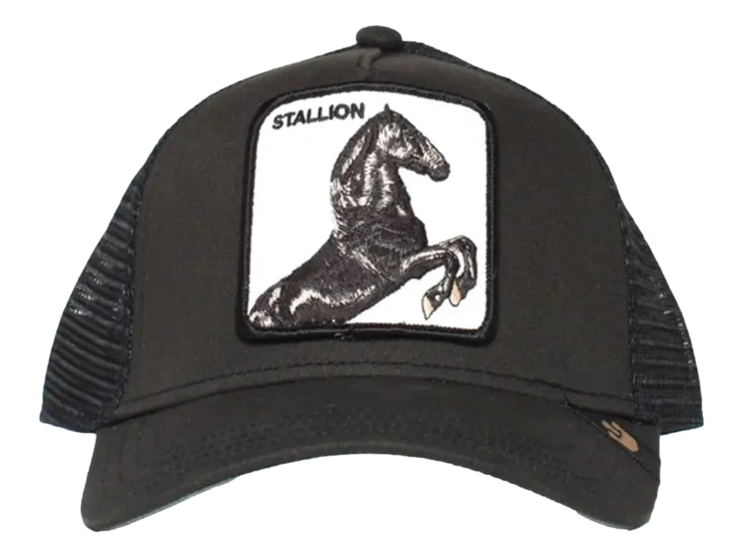 Gorra negra Goorin Bros con parche frontal blanco que muestra la imagen de un caballo negro y el texto STALLION.