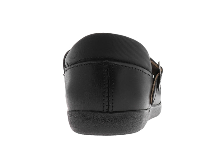 Zapato negro tipo Mary Jane para niña con detalle de mariposas y correa con hebilla plateada.