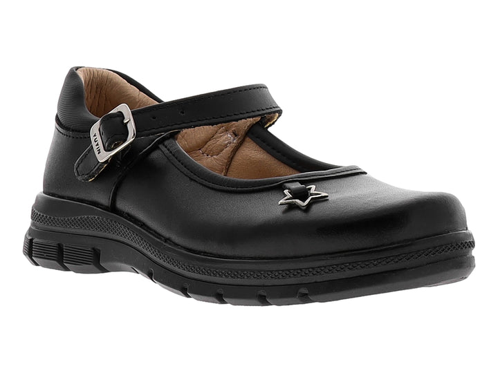 Zapato infantil de cuero negro con correa, hebilla plateada y detalle de estrella en la parte superior.