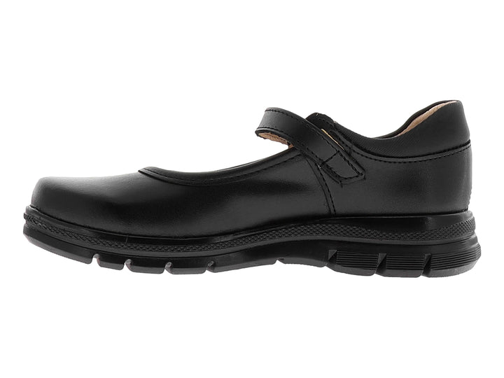 Zapato infantil color negro con correa, hebilla plateada y un detalle decorativo de estrella en el empeine.