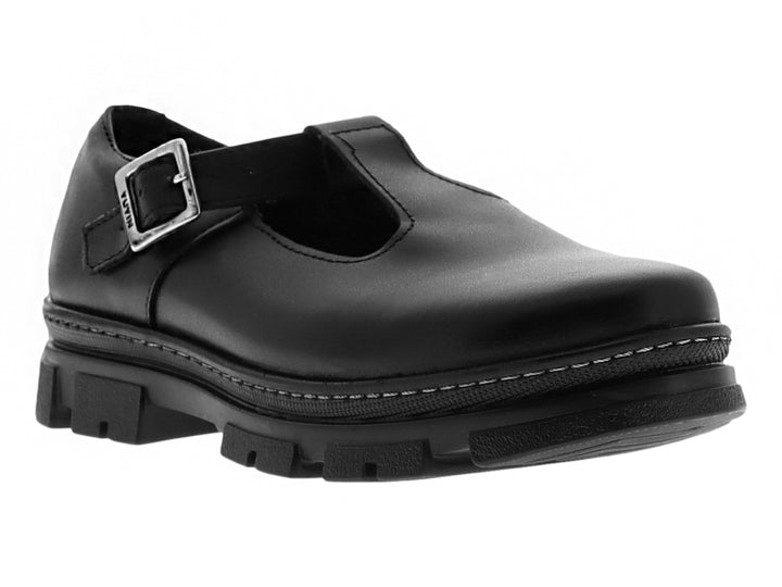 Zapato infantil negro con correa, hebilla plateada y suela track gruesa.