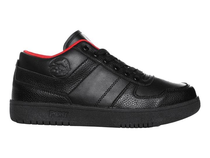 Tenis PONY color negro con detalles rojos en el interior y suela negra.