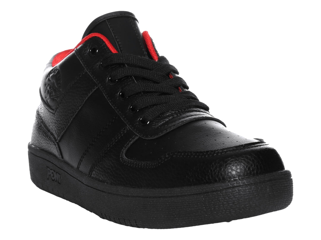 Tenis PONY color negro con detalles rojos en el interior y suela negra.