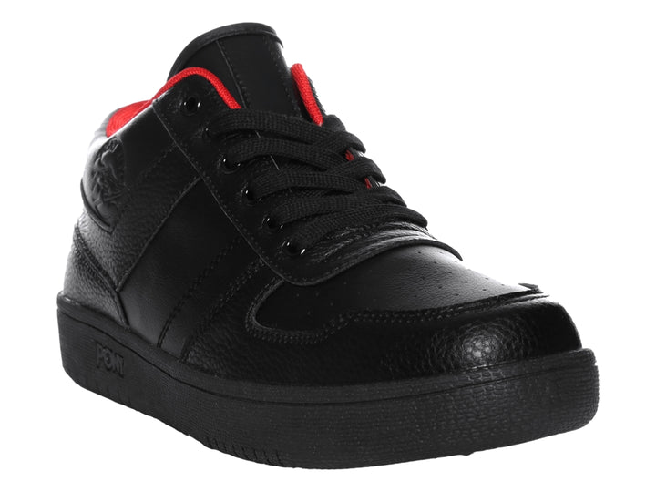 Tenis PONY color negro con detalles rojos en el interior y suela negra.