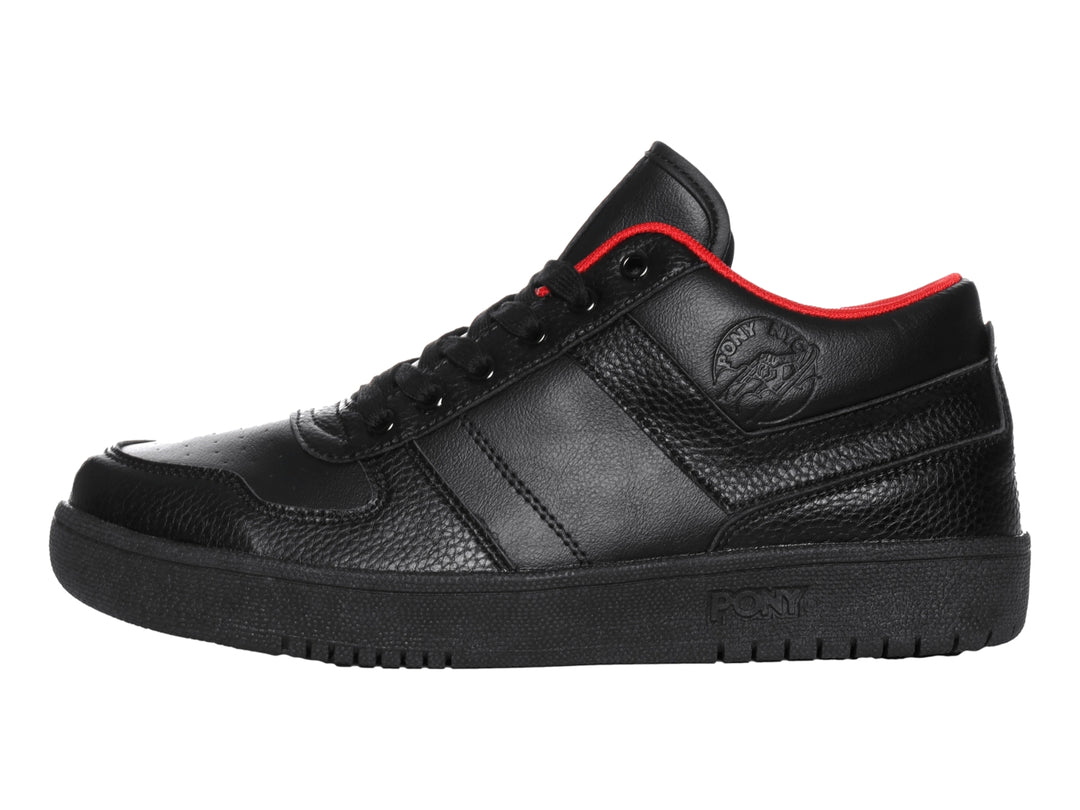 Tenis PONY color negro con detalles rojos en el interior y suela negra.