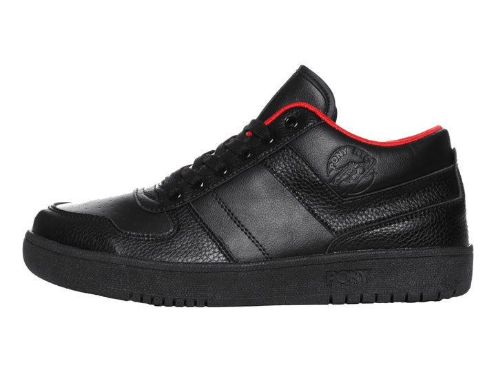 Tenis PONY color negro con detalles rojos en el interior y suela negra.