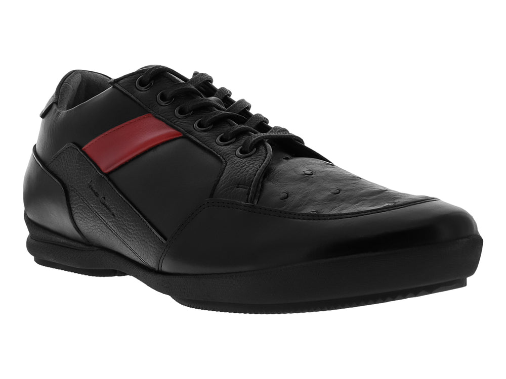 Zapato casual de cuero negro con detalle en rojo y textura de avestruz.