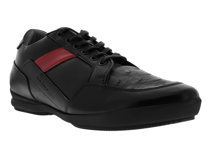 Zapato casual de cuero negro con detalle en rojo y textura de avestruz.