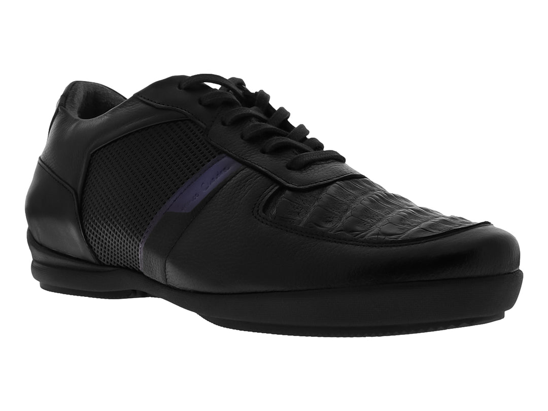 Zapato casual negro de la marca Cuadra con detalles en piel de caimán y tejido lateral.