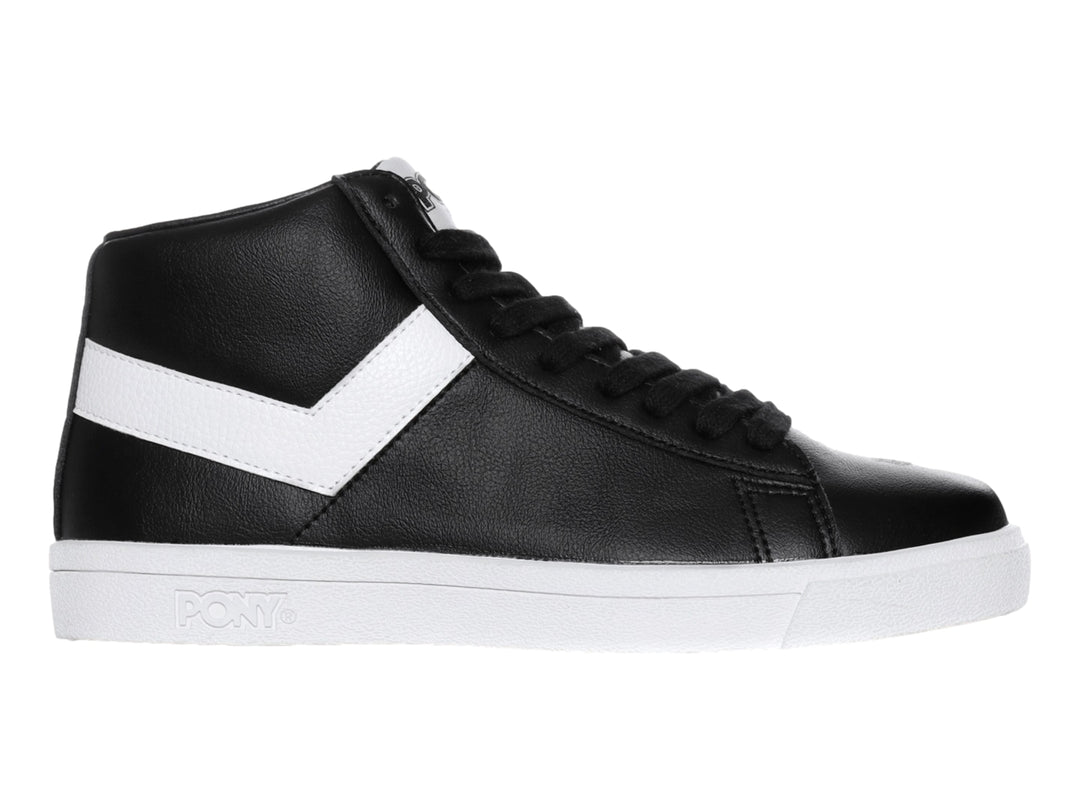 Tenis PONY de cuello alto en color negro con franja lateral blanca y suela blanca.