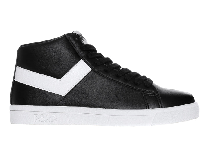 Tenis PONY de cuello alto en color negro con franja lateral blanca y suela blanca.