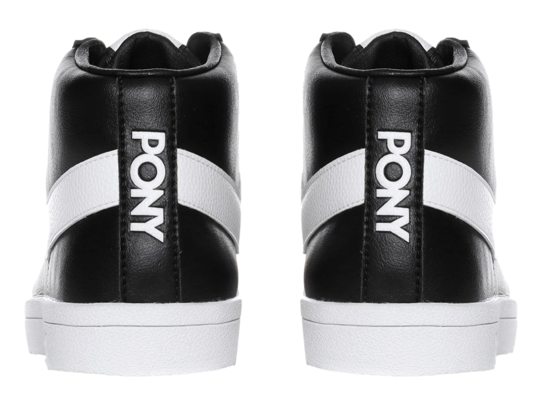 Tenis PONY de cuello alto en color negro con franja lateral blanca y suela blanca.