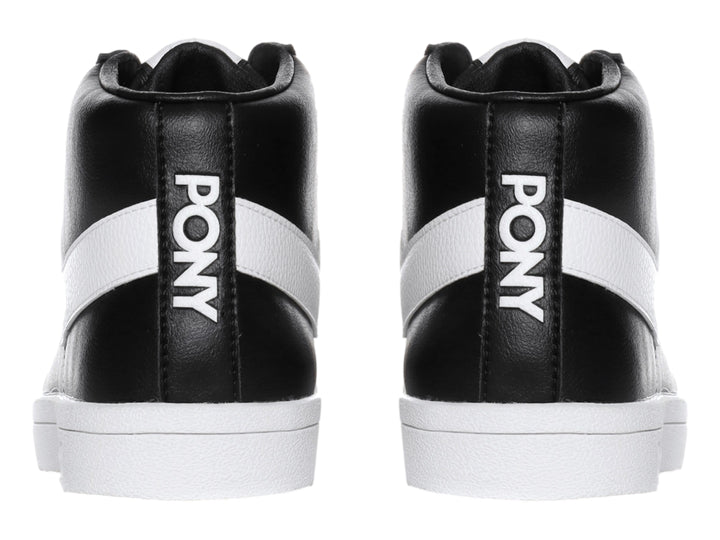 Tenis PONY de cuello alto en color negro con franja lateral blanca y suela blanca.