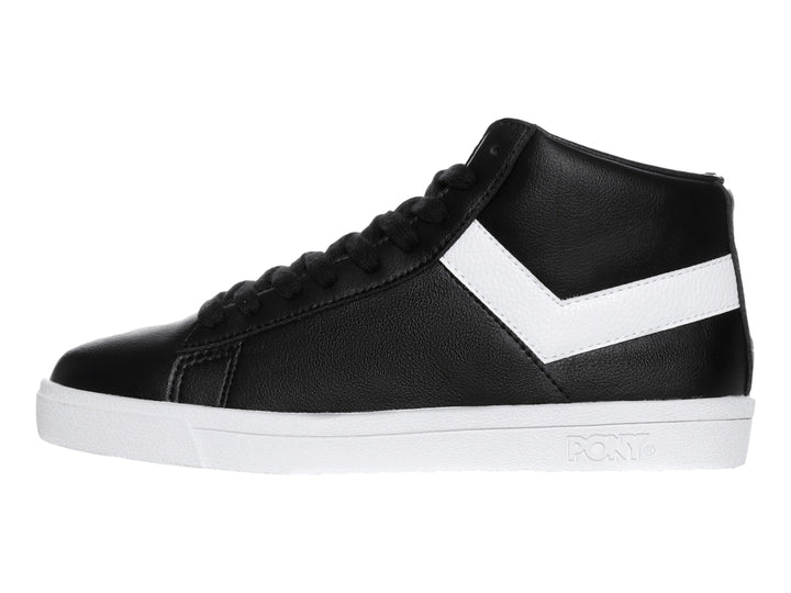 Tenis PONY de cuello alto en color negro con franja lateral blanca y suela blanca.