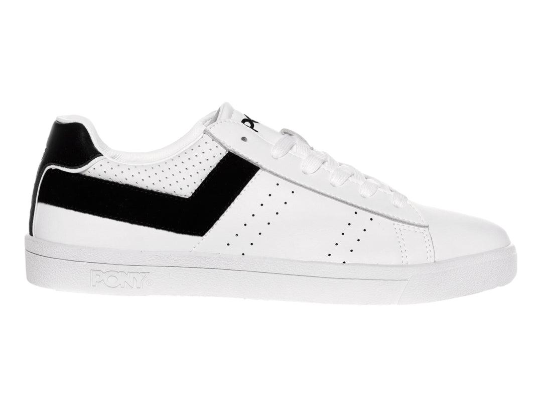 Tenis blancos PONY con franja negra en forma de V y suela blanca.