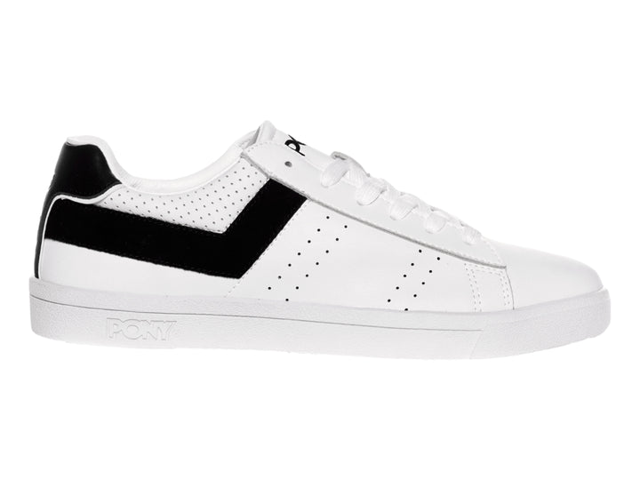 Tenis blancos PONY con franja negra en forma de V y suela blanca.