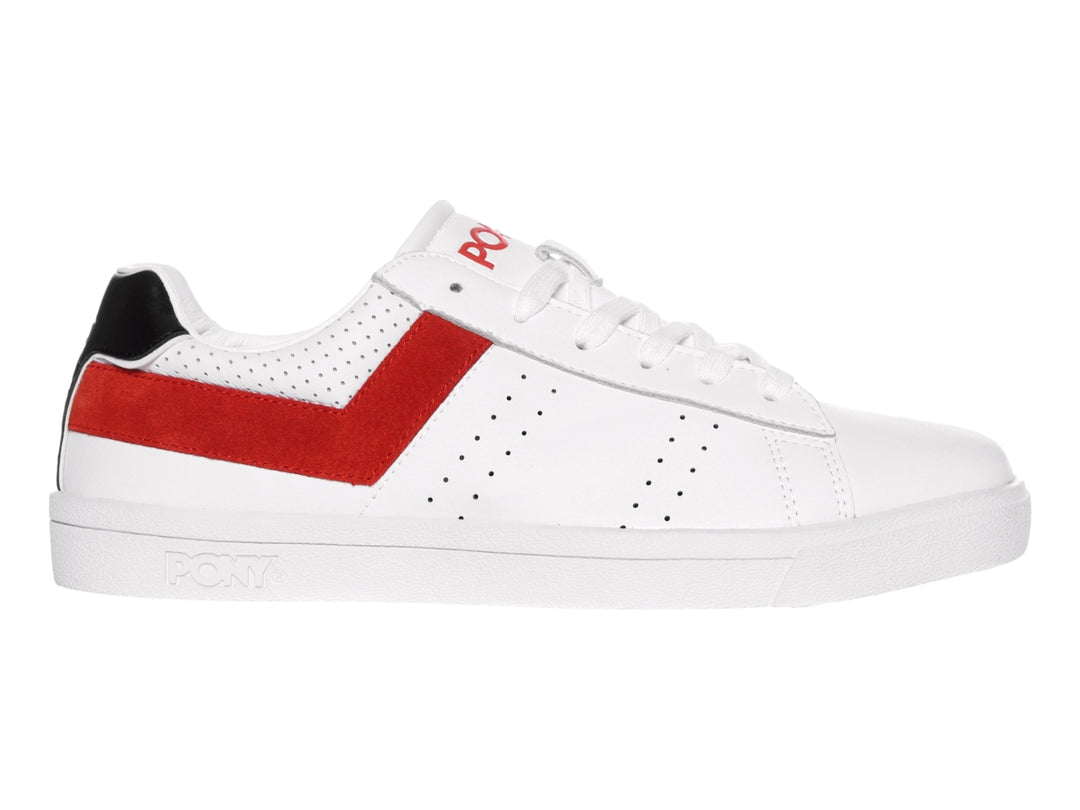 Tenis PONY blancos con una franja roja lateral y detalle negro en el talón.