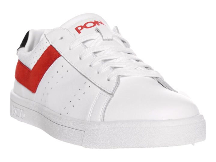 Tenis PONY blancos con una franja roja lateral y detalle negro en el talón.
