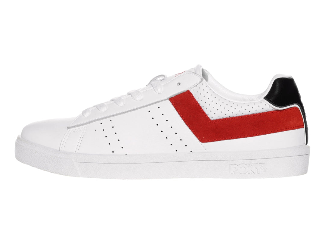 Tenis PONY blancos con una franja roja lateral y detalle negro en el talón.