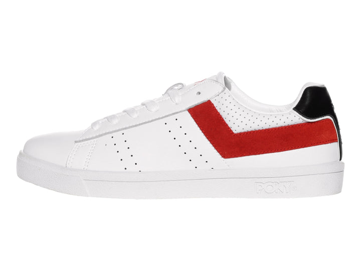 Tenis PONY blancos con una franja roja lateral y detalle negro en el talón.