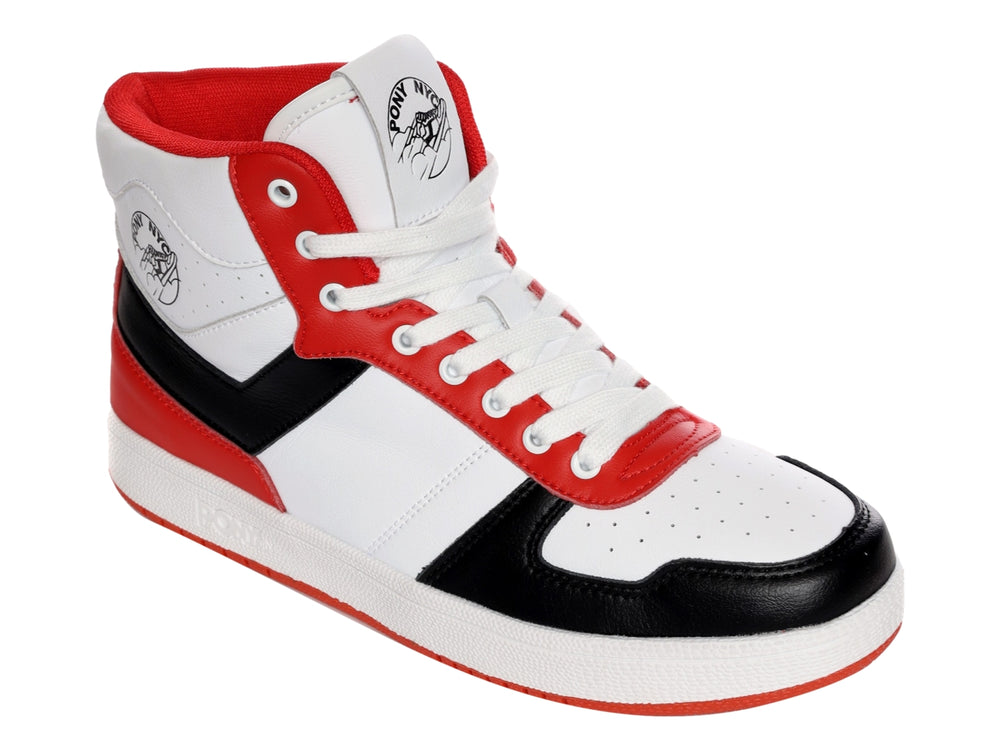 Tenis PONY modelo City Wings Hi en colores blanco, negro y rojo con diseño de bota alta.