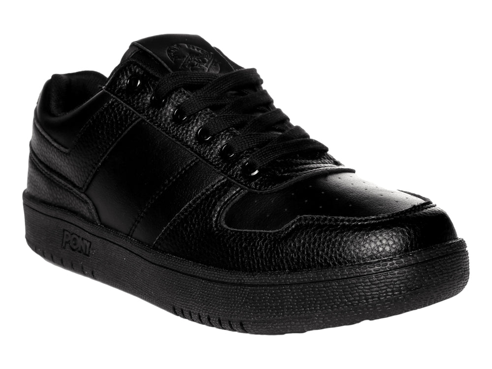 Tenis PONY color negro total con acabado en cuero texturizado y suela gruesa.