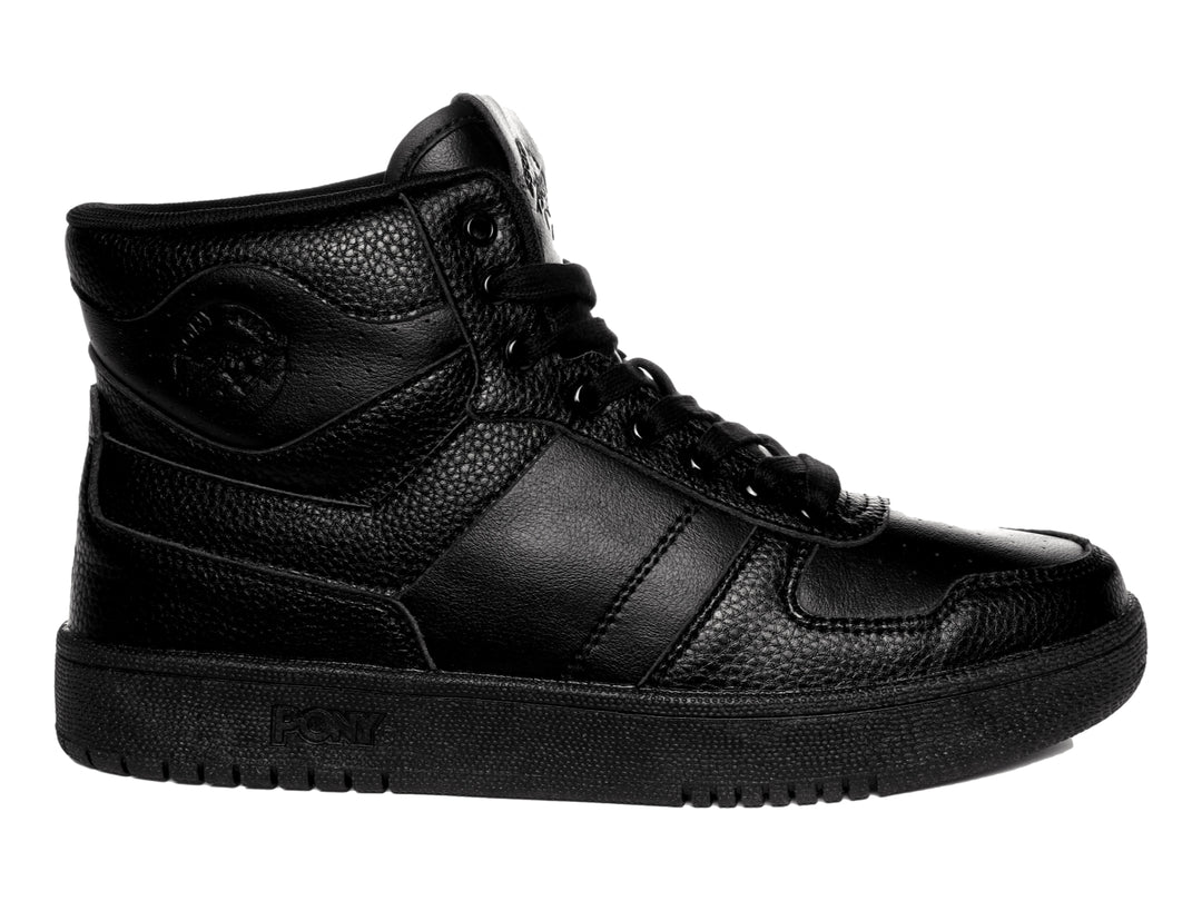 Tenis PONY City Wings Hi color negro total, estilo botín con acabado en cuero texturizado.
