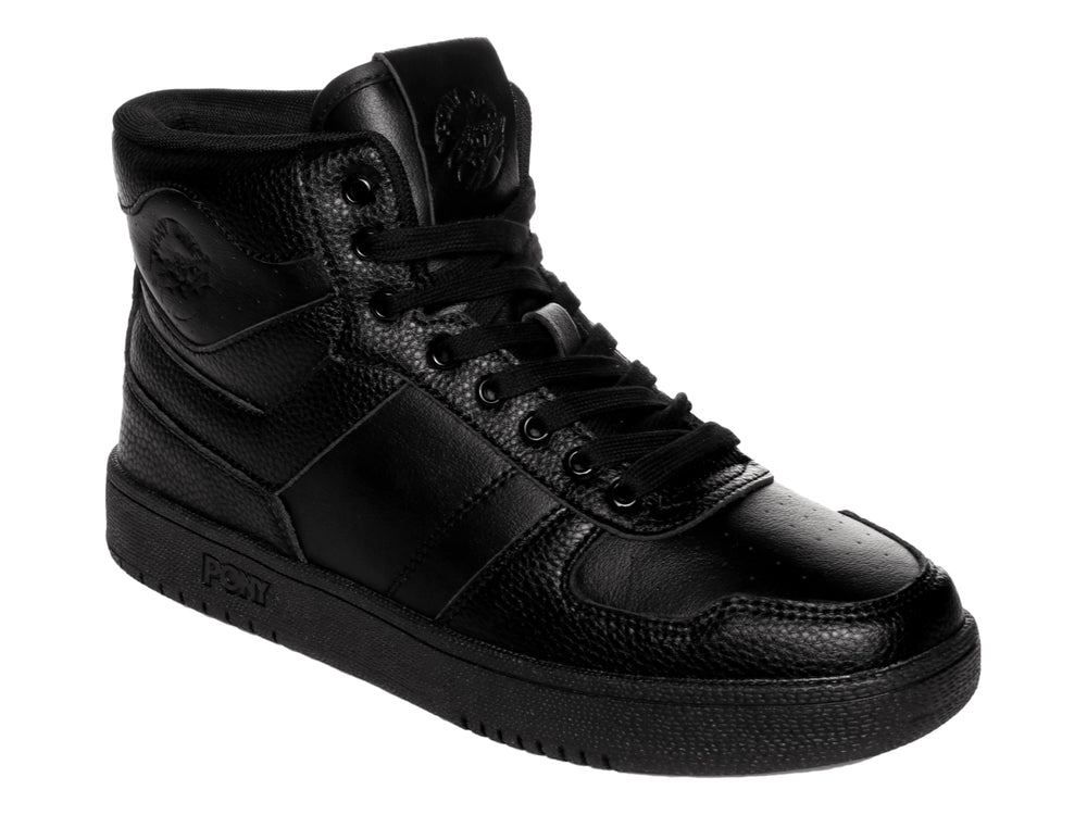 Tenis PONY City Wings Hi color negro total, estilo botín con acabado en cuero texturizado.