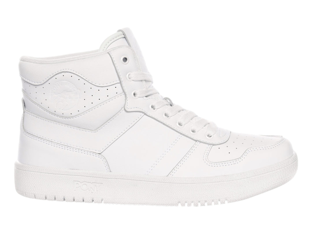Tenis PONY de bota color blanco con agujetas y suela blanca.