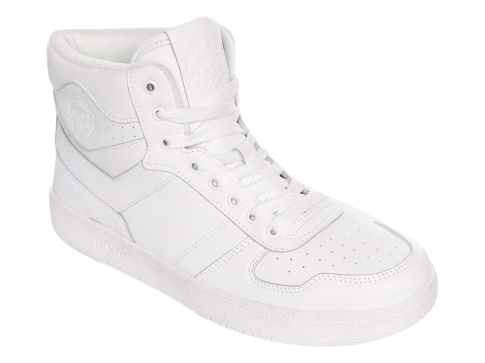 Tenis PONY de bota color blanco con agujetas y suela blanca.