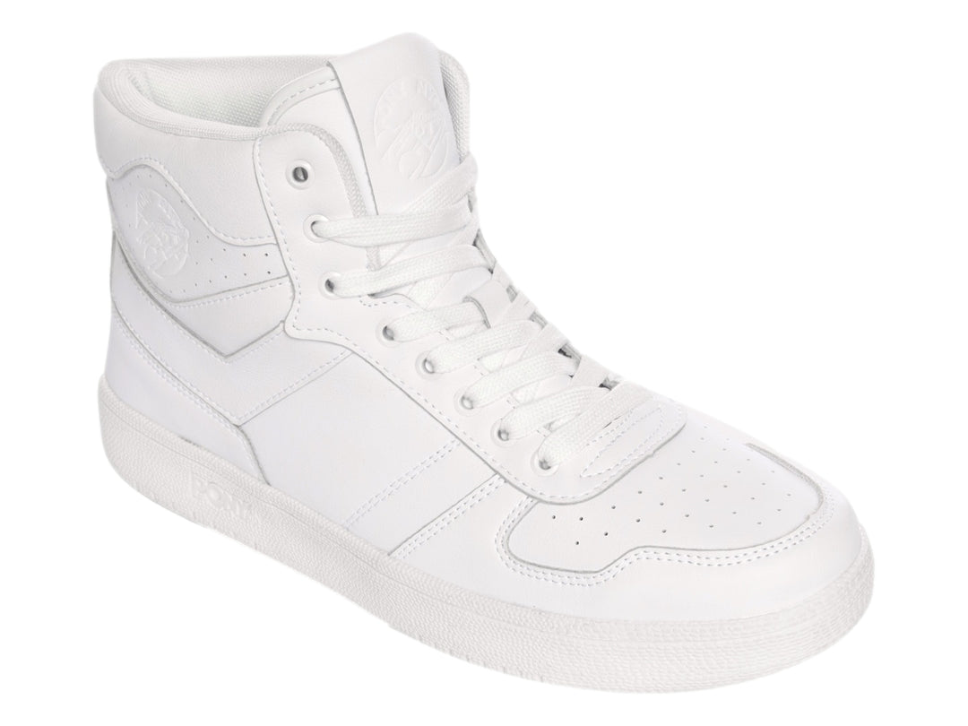 Tenis PONY de bota color blanco con agujetas y suela blanca.