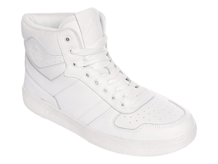 Tenis PONY de bota color blanco con agujetas y suela blanca.