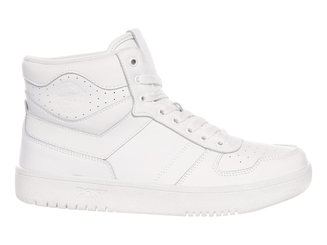 Tenis PONY blancos de corte alto con cordones y suela blanca.