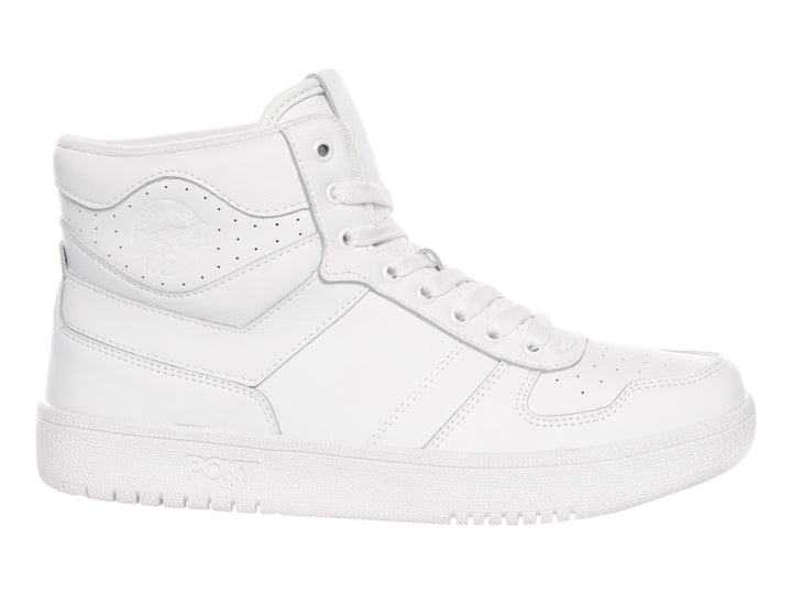 Tenis PONY blancos de corte alto con cordones y suela blanca.
