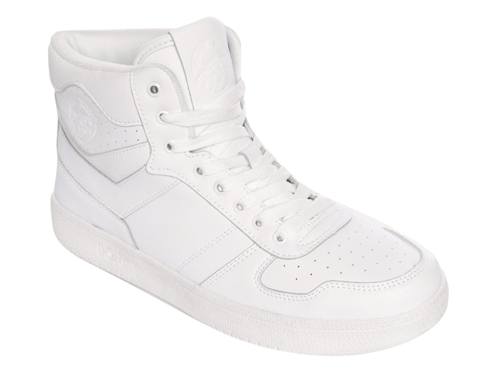 Tenis PONY blancos de corte alto con cordones y suela blanca.