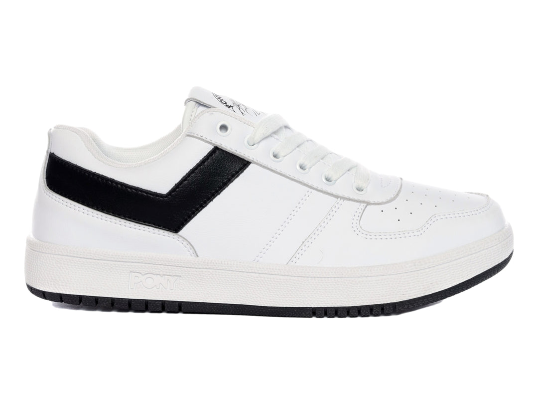 Tenis PONY City Wings blancos con franja lateral en V negra y suela negra.