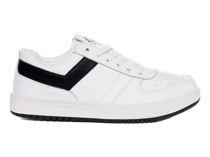 Tenis PONY City Wings blancos con franja lateral en V negra y suela negra.