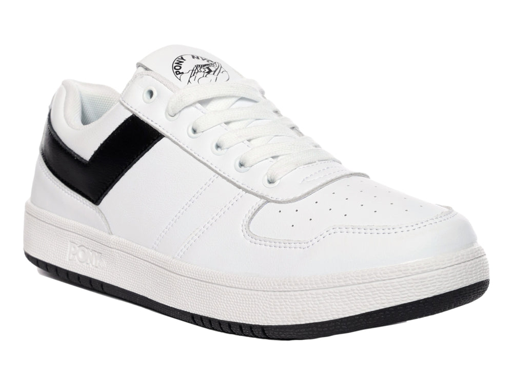 Tenis PONY City Wings blancos con franja lateral en V negra y suela negra.
