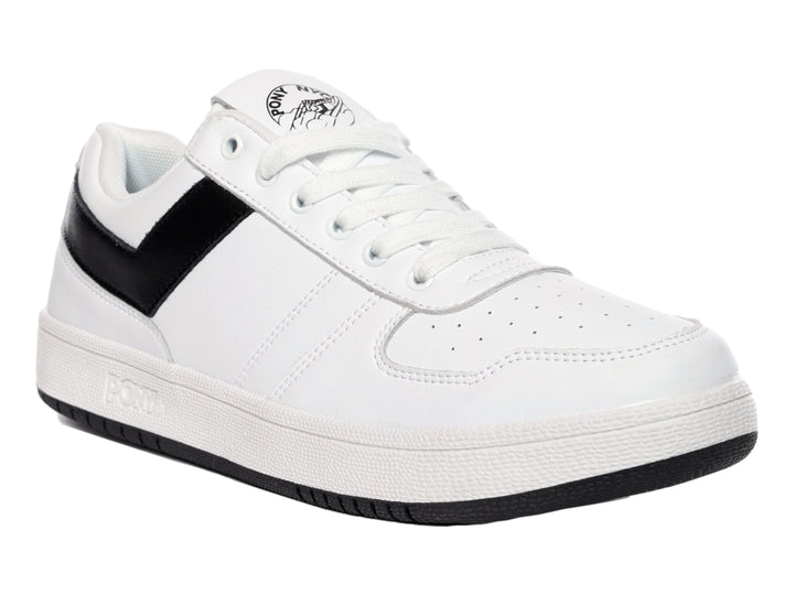 Tenis PONY City Wings blancos con franja lateral en V negra y suela negra.