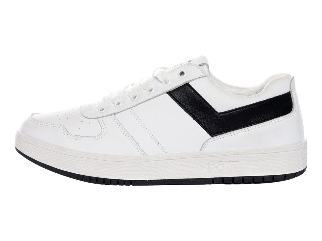 Tenis PONY City Wings blancos con franja lateral en V negra y suela negra.