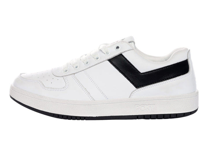 Tenis PONY City Wings blancos con franja lateral en V negra y suela negra.