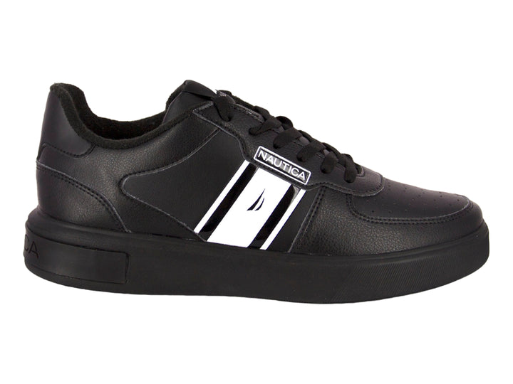 Tenis deportivos Nautica color negro con detalles en blanco y suela plana negra.