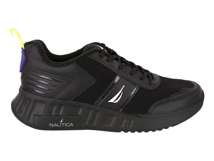 Tenis deportivos Nautica Cyril en color negro con detalles amarillos y suela robusta.